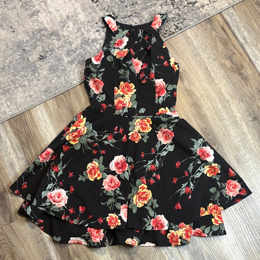 Honey and Rosie Black Dress with Red Floral Pattern 🎄